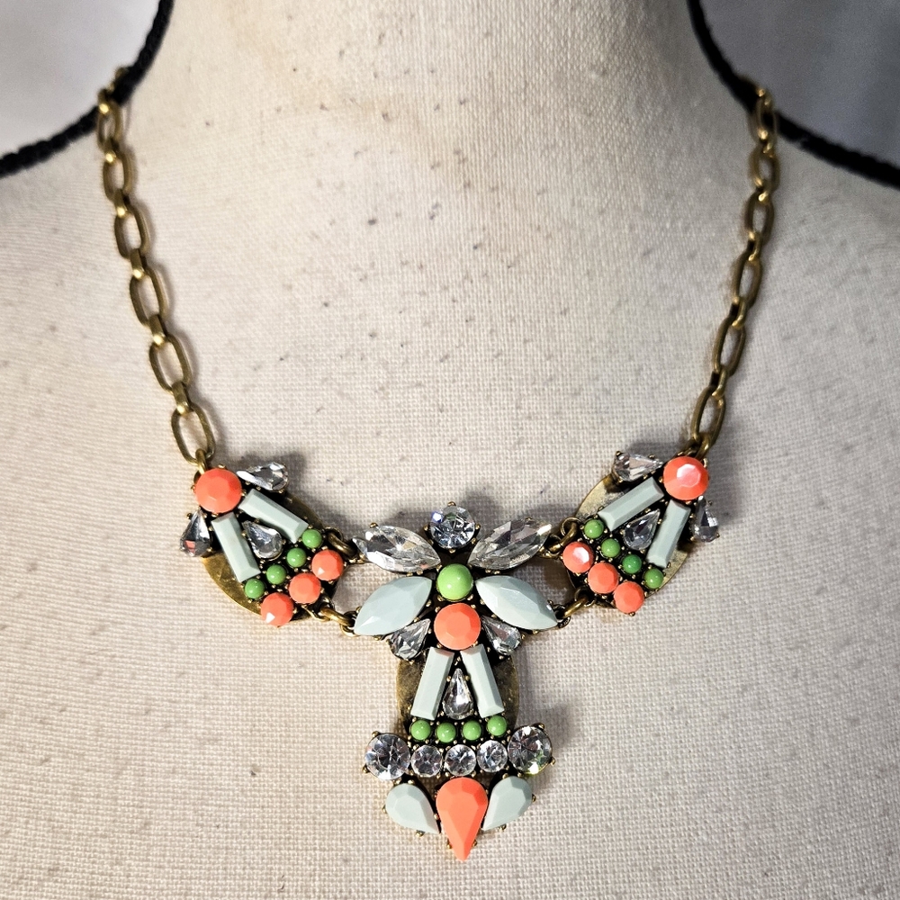 J Crew Statement Necklace Bronze Orange Blue Green Antique Gold
